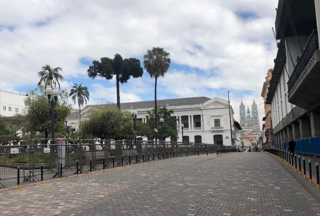 Independence Plaza in front of the Presidential Palace with view to the “new” cathedral in Quito Ecuador.