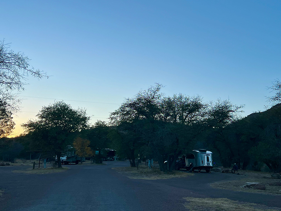 Dawn at our campsite in Fort Davis State Park in West Texas.